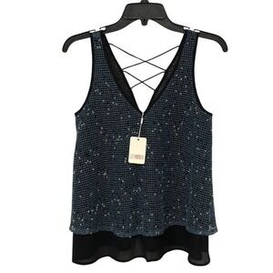 Letherbe Blue Black Mesh Lace Up V-Neck M Layered Tank Top 1096MY01 NEW
